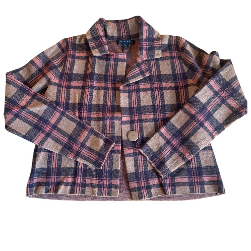 Tahari Plaid Blazer Jacket Women's Large Pink Navy Brown Single Button Knit